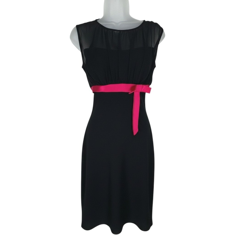 Vintage Black Sleeveless Sheer Midi Dress Pink Satin Ribbon‎ Waist Medium 90s